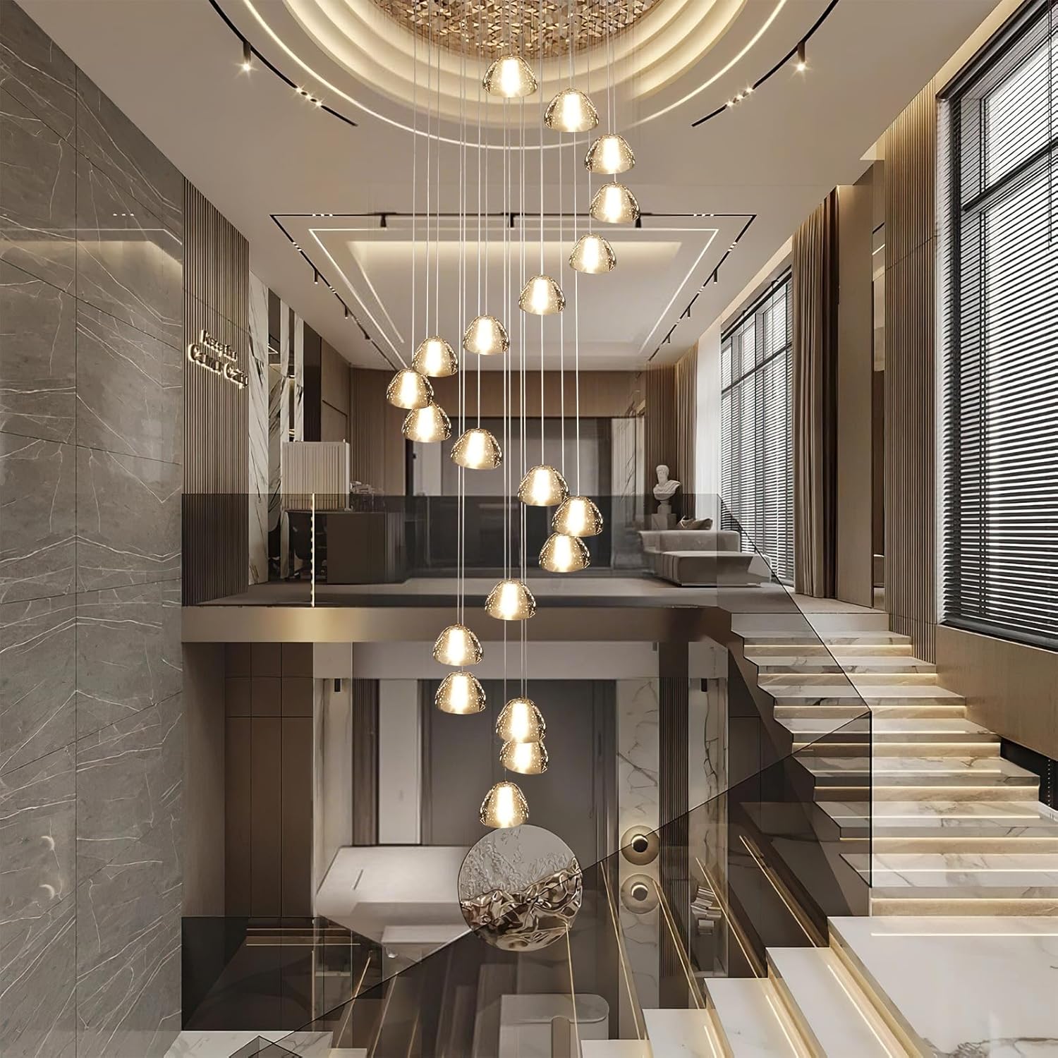 20-Light Gold Crystal Staircase Chandelier with Adjustable Height