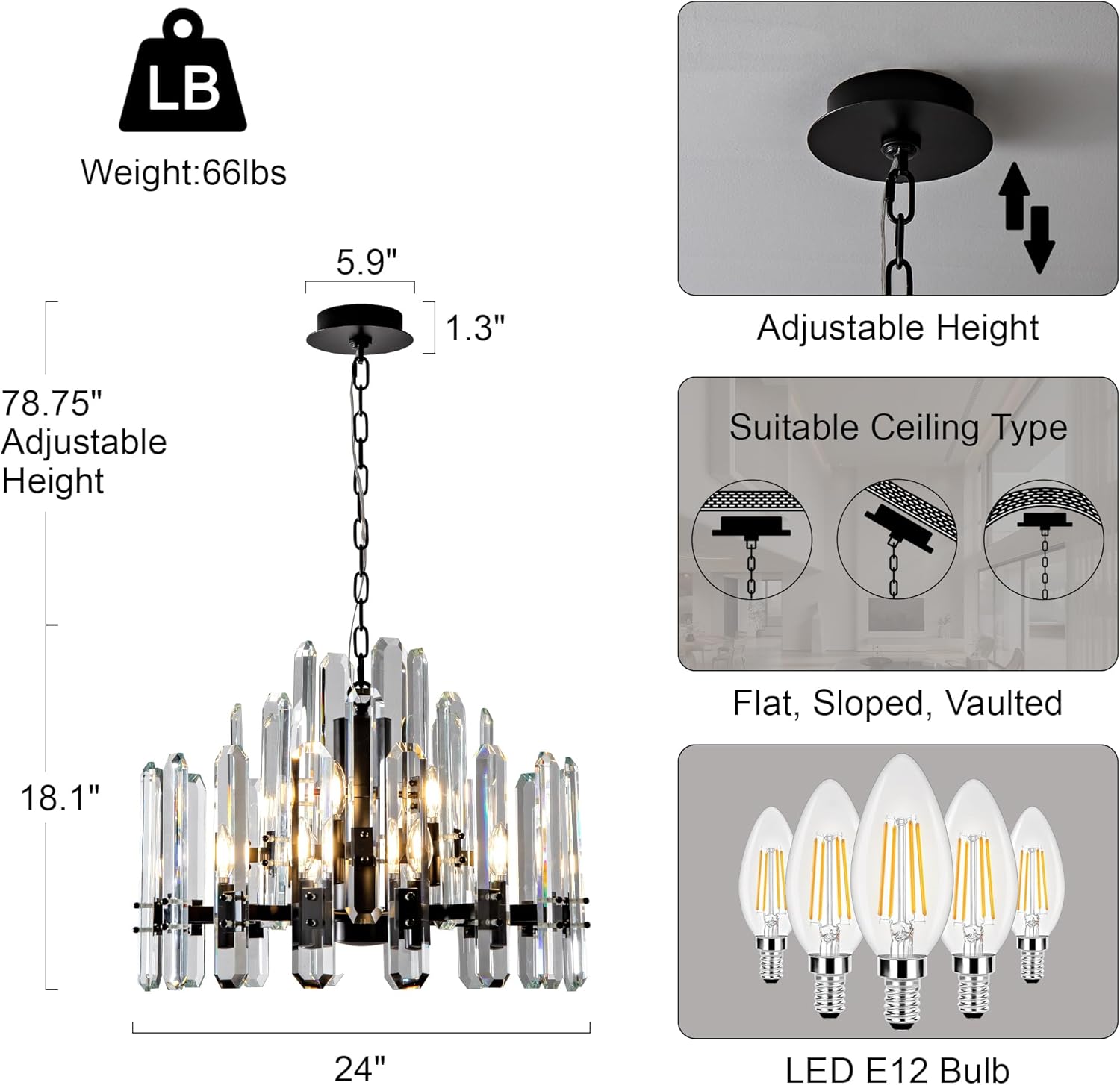 24" Black Modern Crystal Chandelier with Adjustable Height