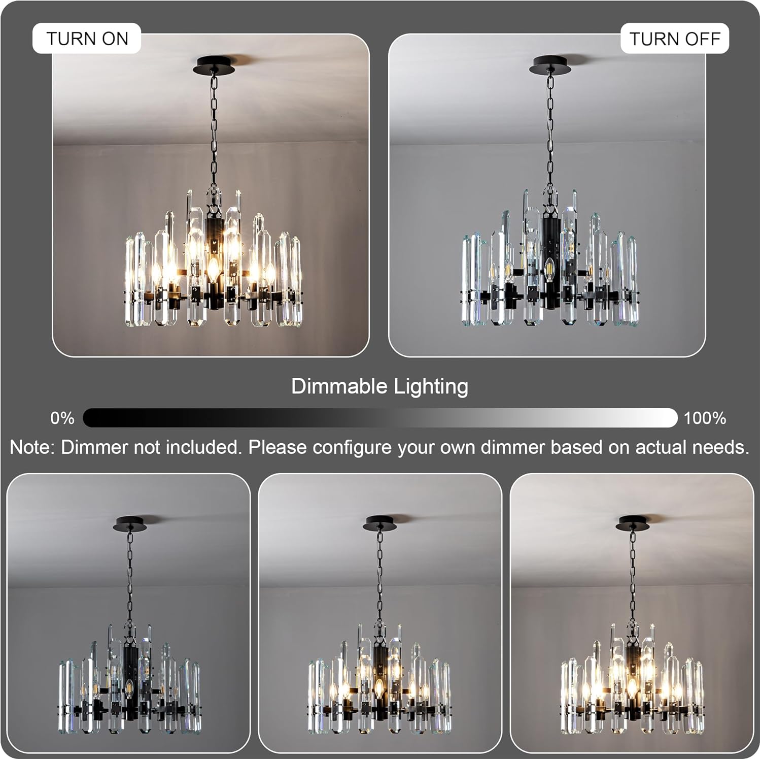 24" Black Modern Crystal Chandelier with Adjustable Height