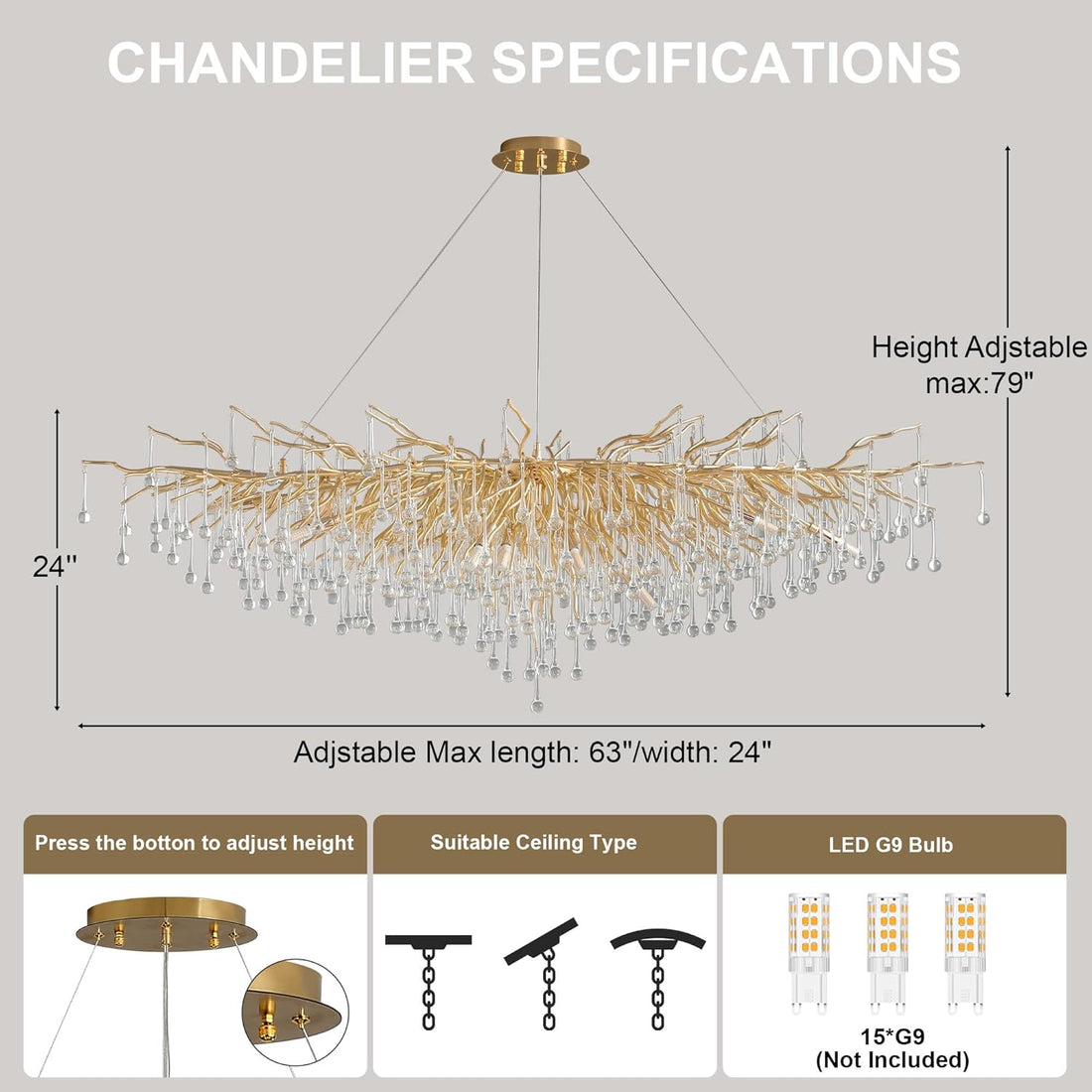 63" Black Modern Crystal Tree Branch Chandelier with 15 Lights