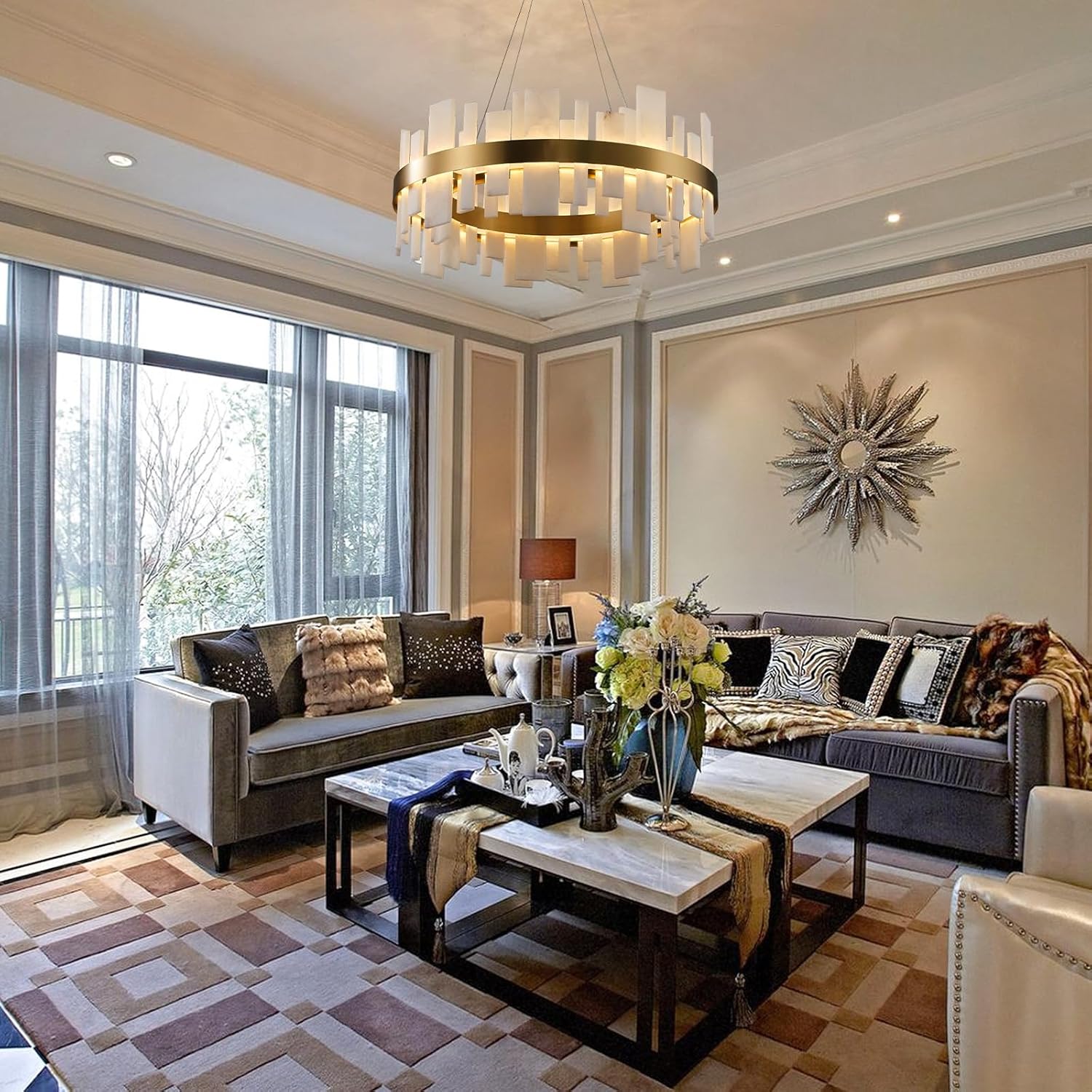 Adjustable Luxury Alabaster Round Chandelier – 31.5in Natural Stone