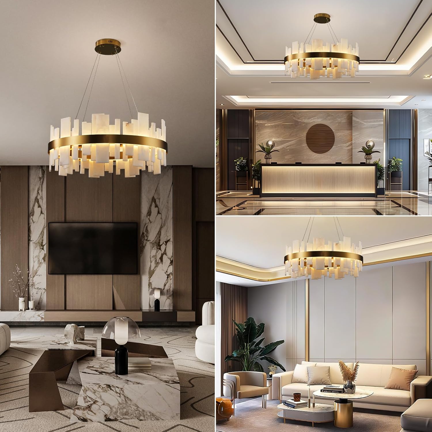 Adjustable Luxury Alabaster Round Chandelier – 31.5in Natural Stone