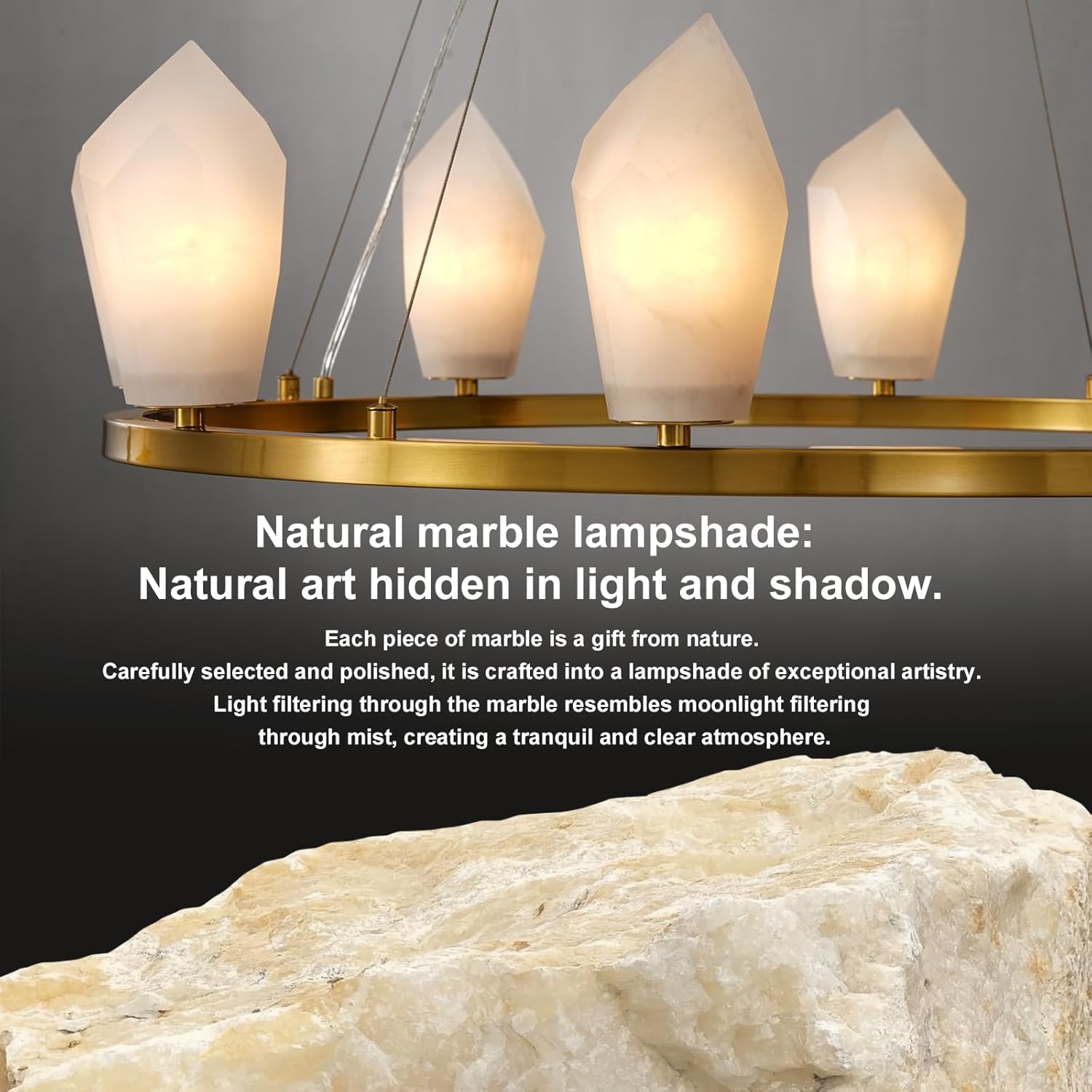 Alabaster 31.5" 8-Light Round Gold Chandelier with Adjustable Height
