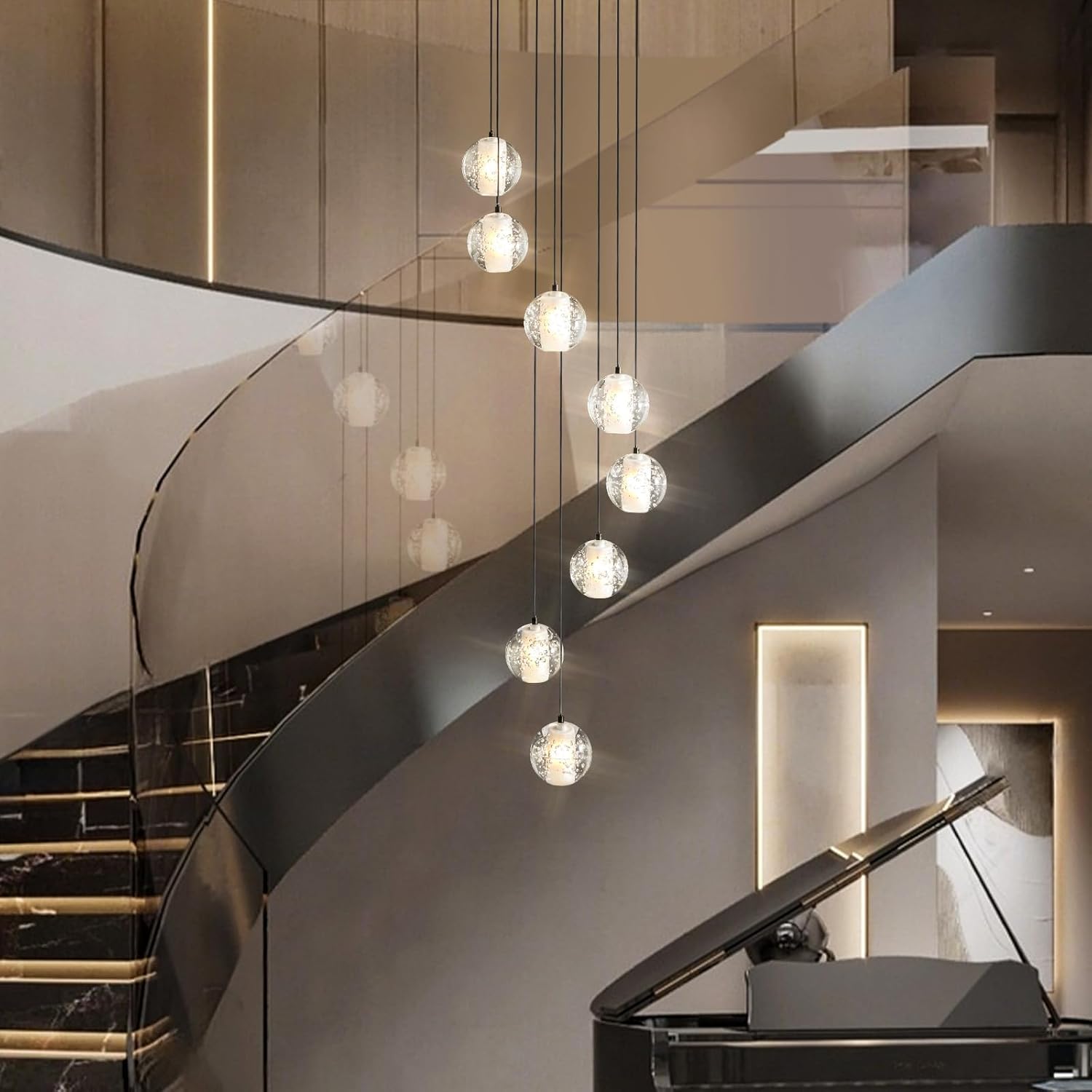 Black Crystal Staircase Chandelier with Adjustable Height and 8 Lights