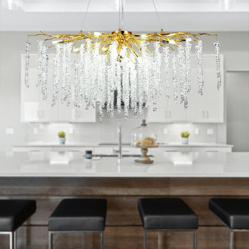 White Crystal Rectangle Branch Chandelier Gold 45"L