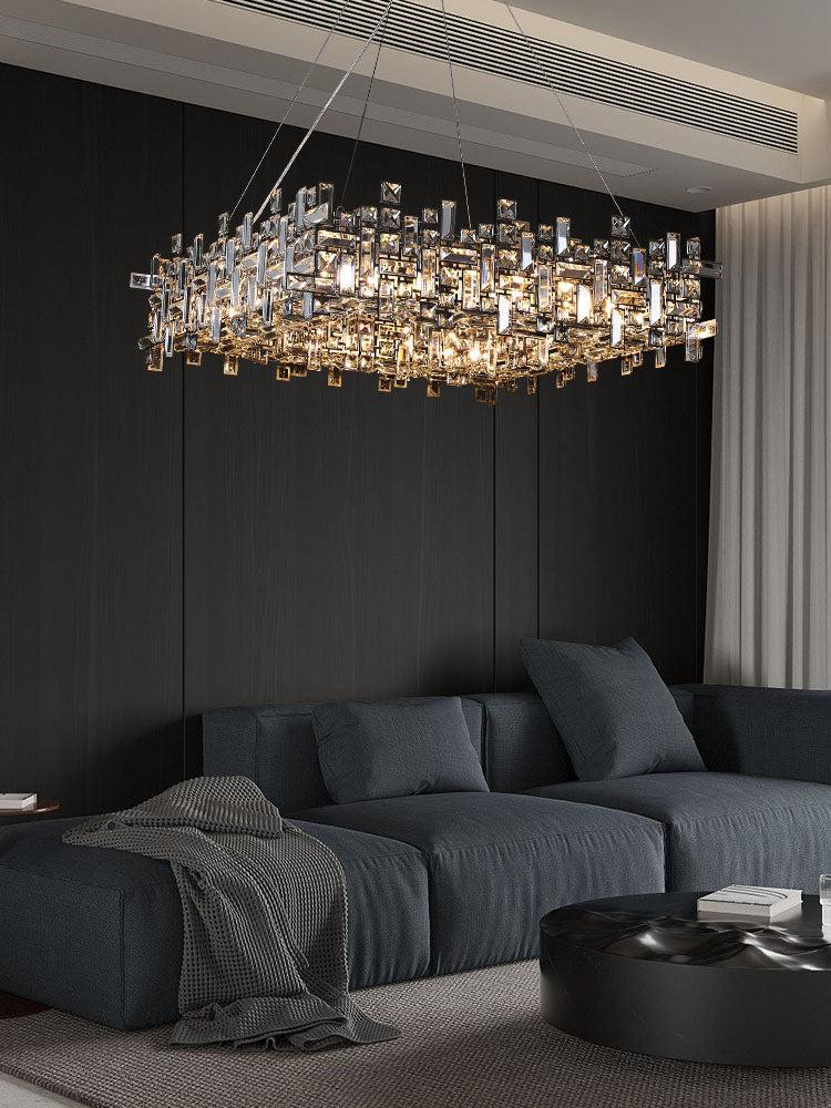 chandelier,chandeliers,extra large,large,art,irregular,crystal,suit,living room,dining room,pendant,block,long table,big table,kitchen island,bar