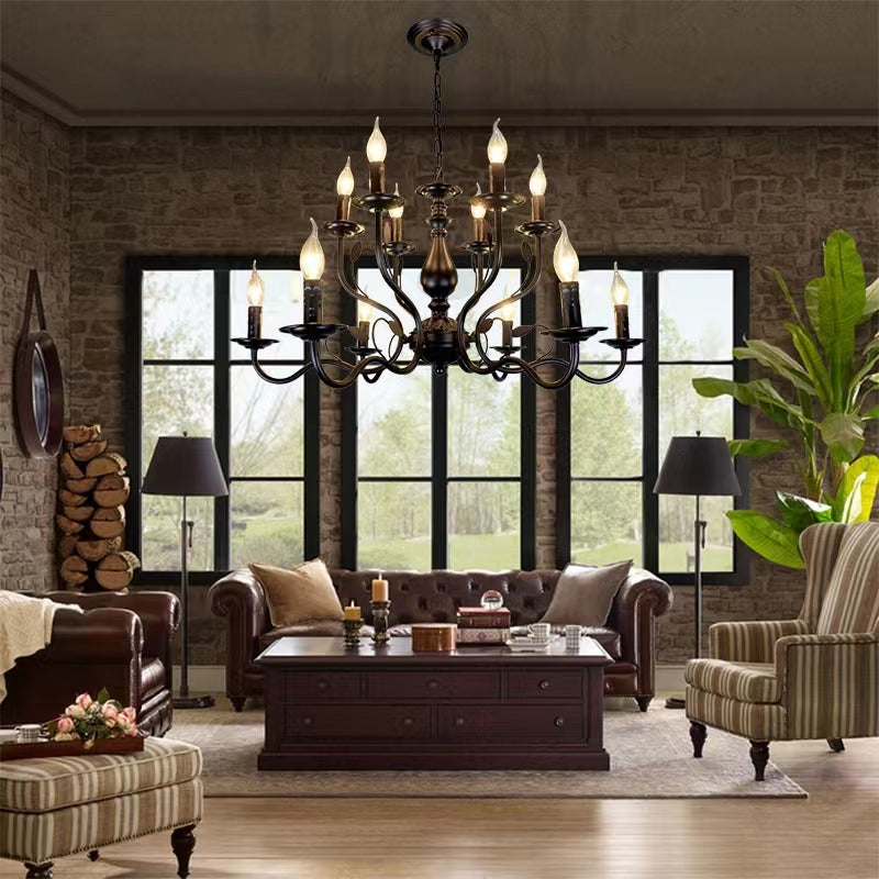 chandelier,chandeliers,vintage,country style,black iron,candle,cafe,living room,mid century modern chandelier