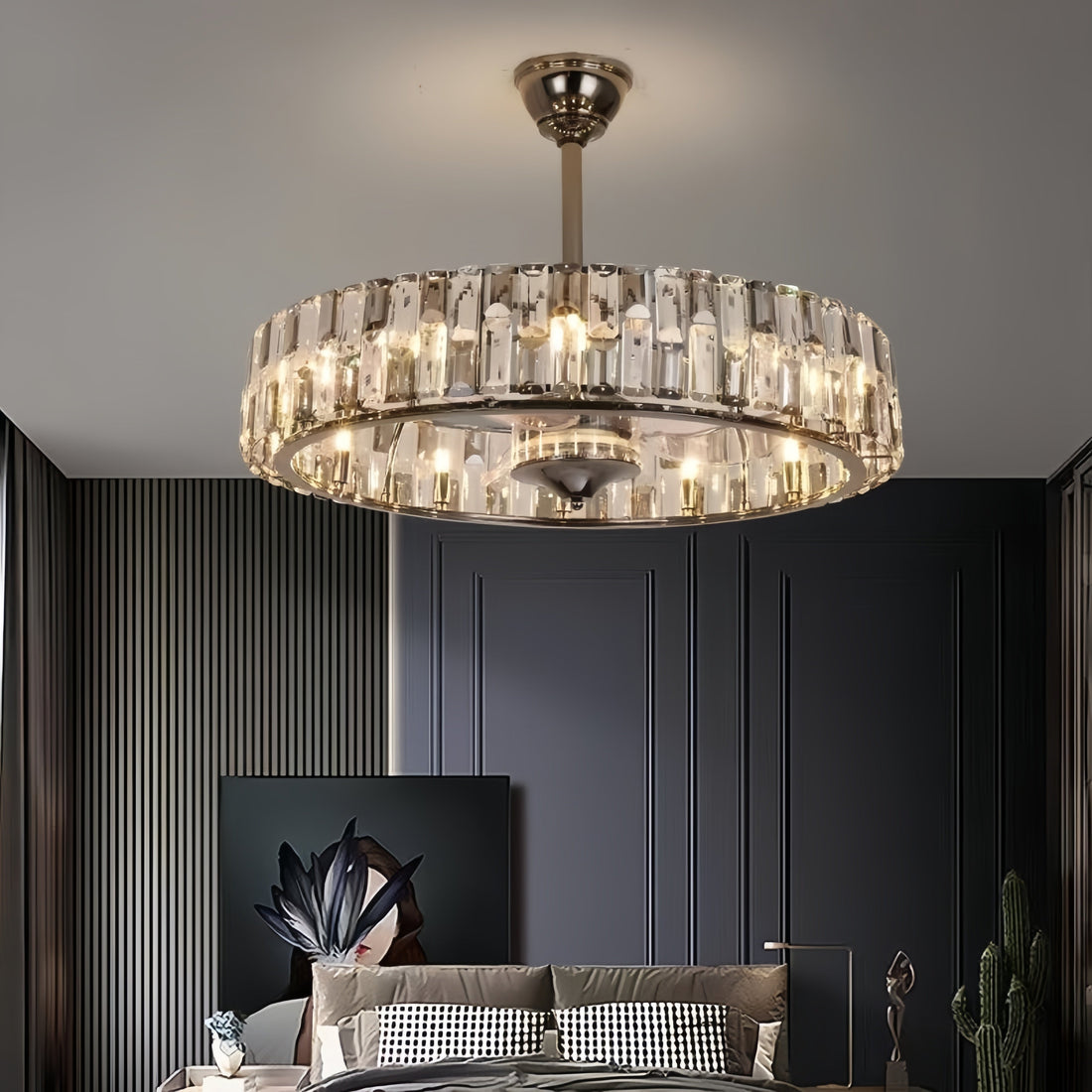 New Modern Invisible Fan Light Candle Crystal Chandelier for Living/Dining Room/Bedroom