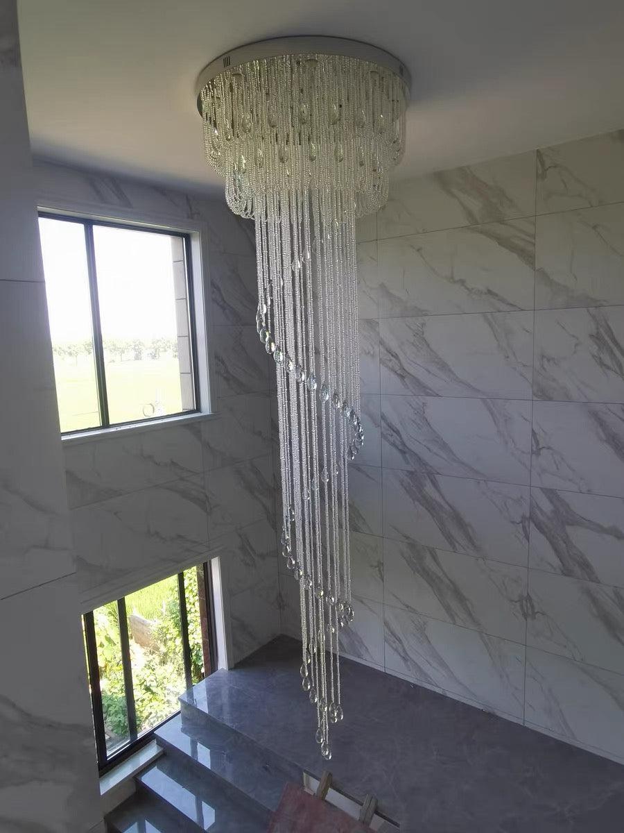 extra large, oversized, luxury, crystal, stainless steel, staircase,spiral,cascade, modern, chandelier, duplex building, China, shining