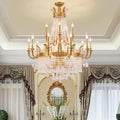 Large Oversized Luxury Golden Metal Brass  Candle Crystal Tassel Chandelier  For High-ceiling Staircase/Entryway/Hallway/Living/Meeting Room