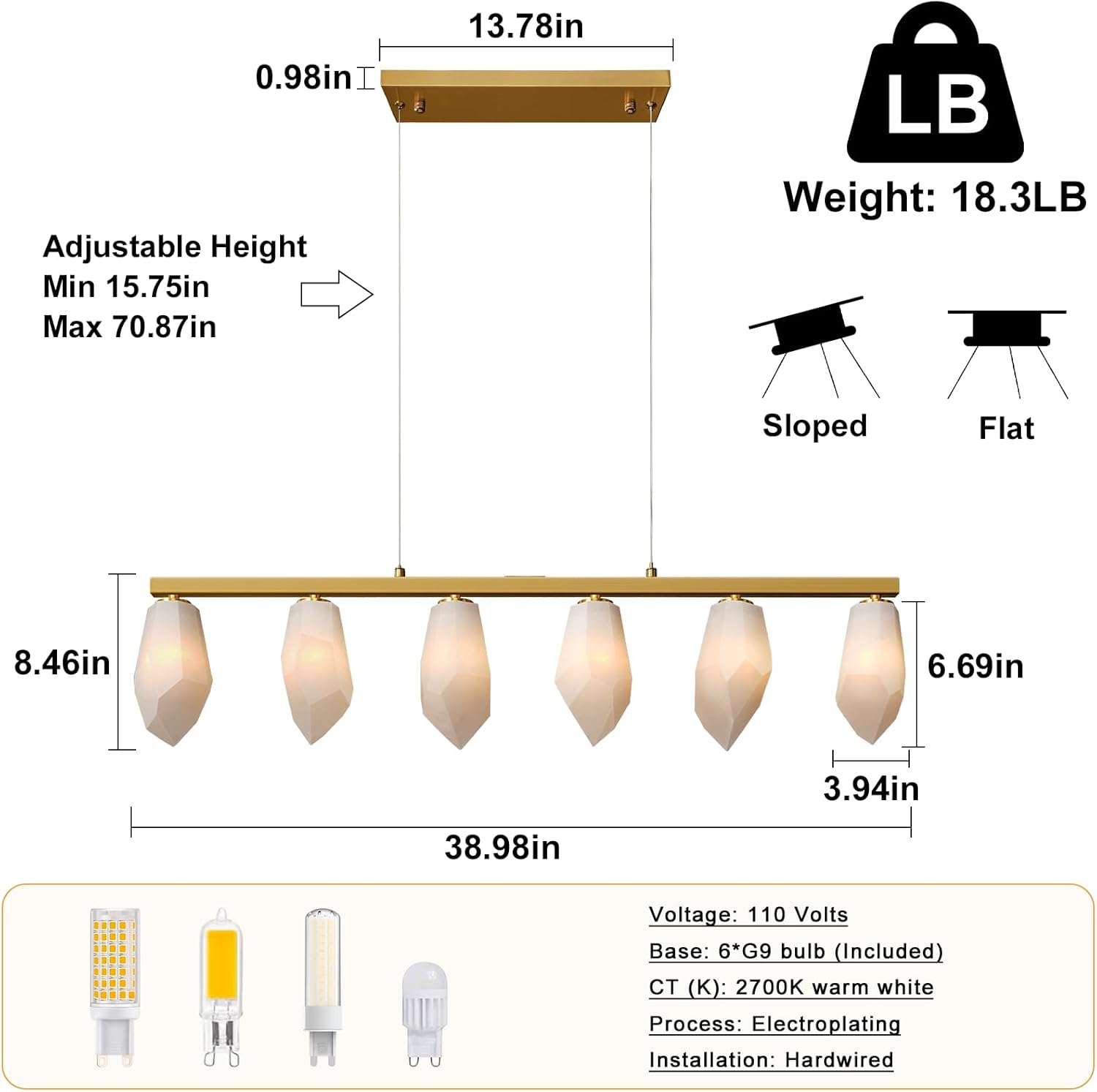 Elegant Gold Alabaster 6-Light Linear Chandelier for Dining