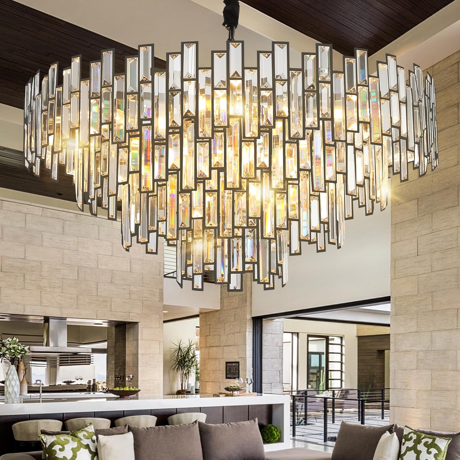 31.5'' Black Crystal Chandelier, 4-Tier Modern Round K9 Pendant Light for High Ceilings