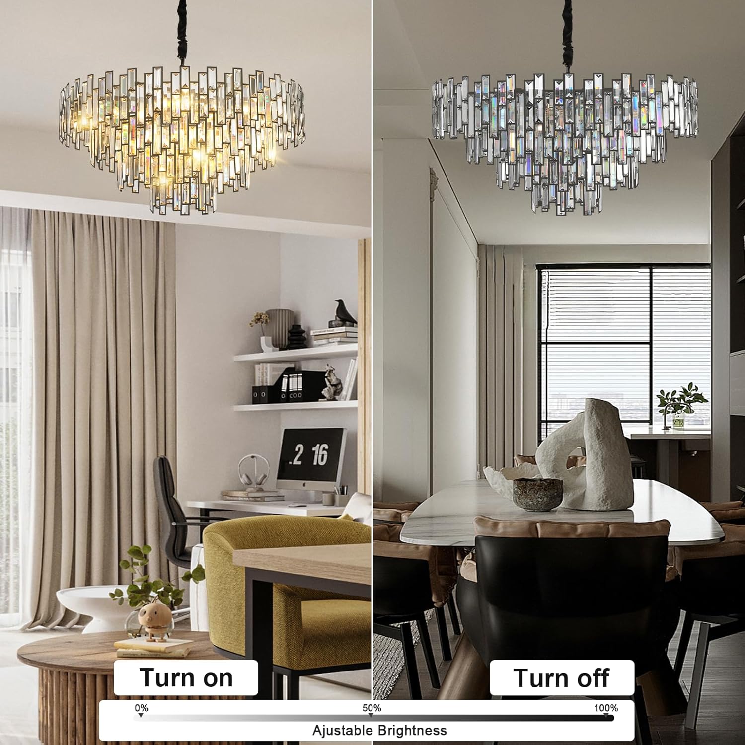 31.5'' Black Crystal Chandelier, 4-Tier Modern Round K9 Pendant Light for High Ceilings
