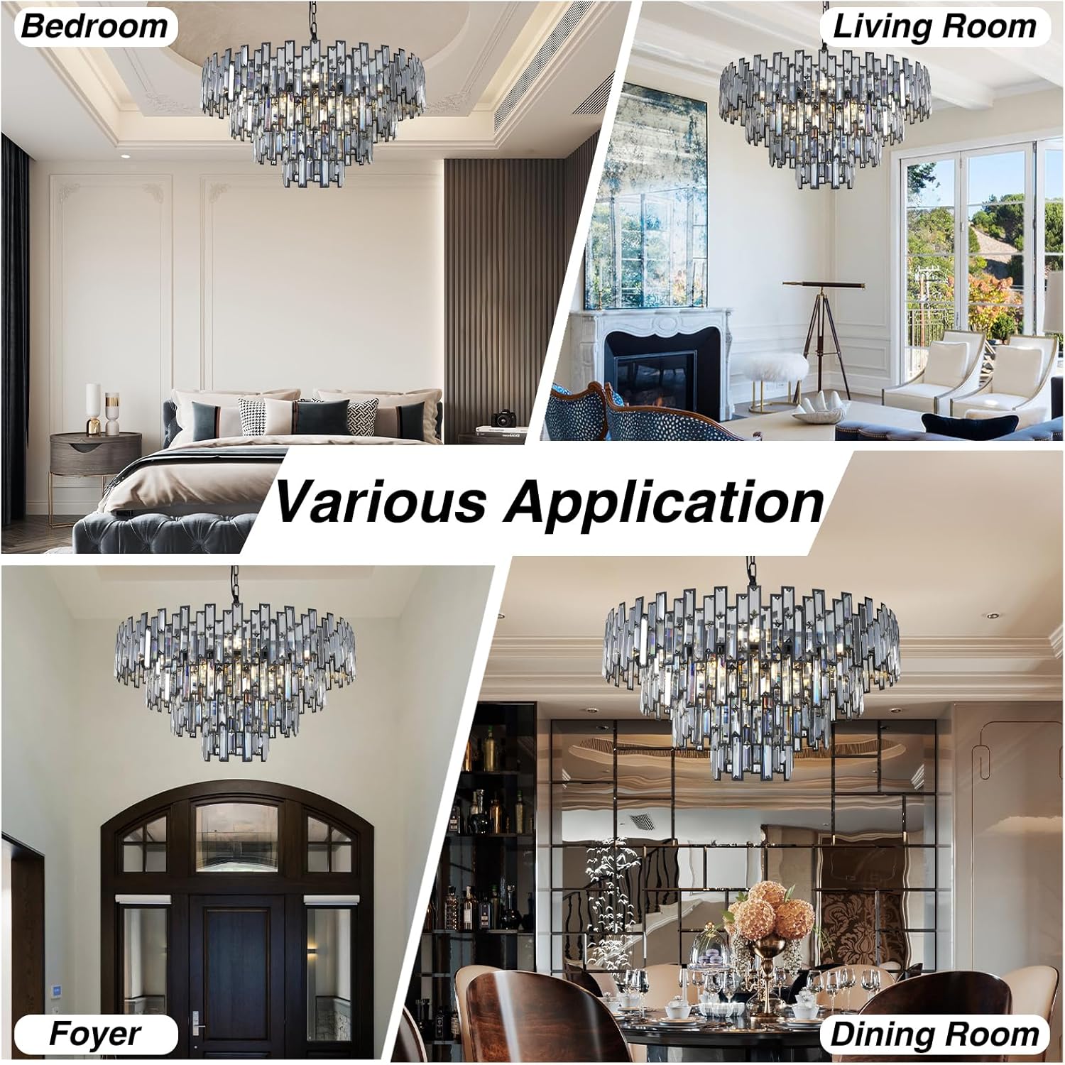 31.5'' Black Crystal Chandelier, 4-Tier Modern Round K9 Pendant Light for High Ceilings