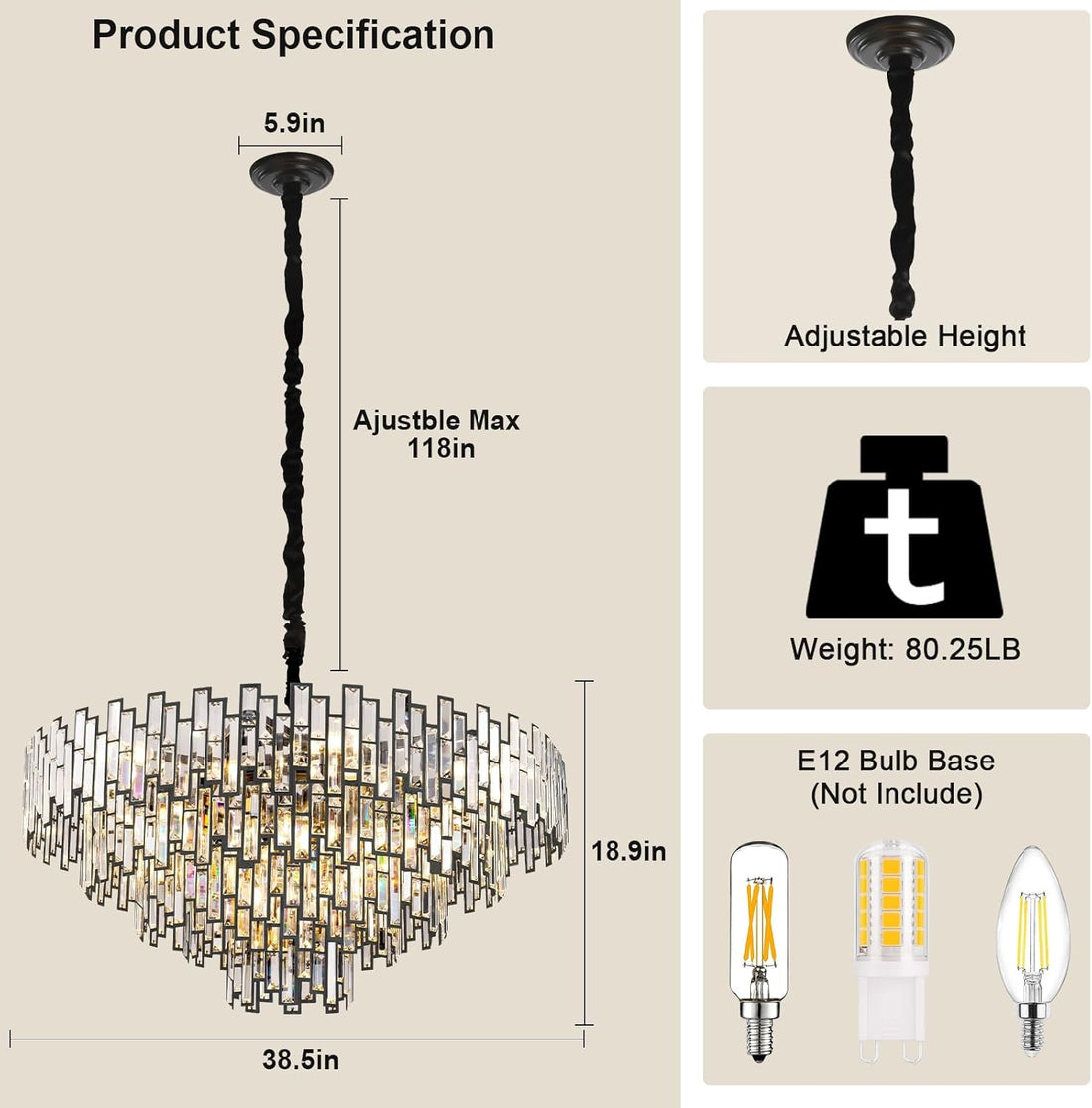 Grand Black Crystal Chandelier: 5-Tier Modern Round K9 Pendant Light for High Ceilings