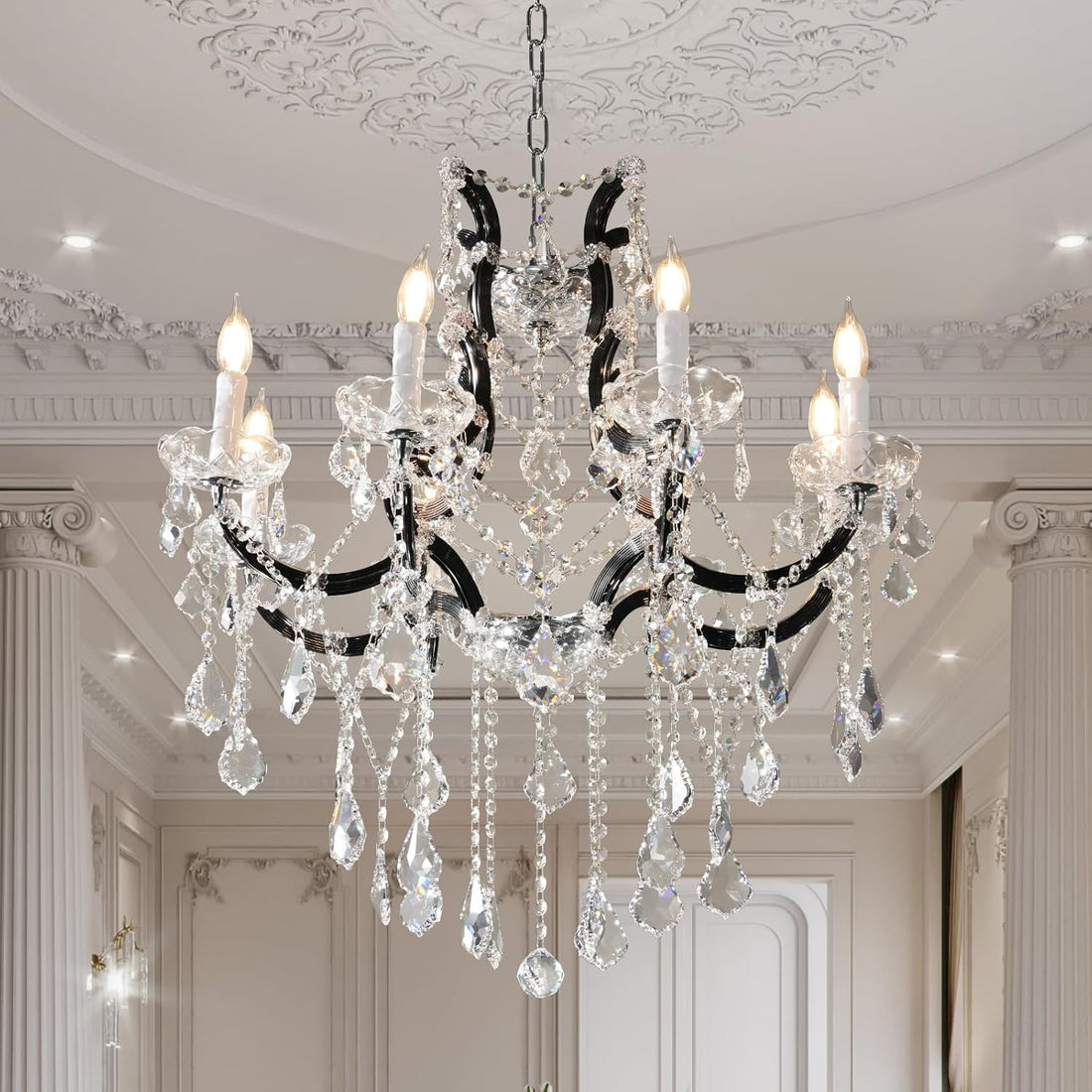 Modern Crystal Chandelier Black Candle Light Fixture for Staircase Entryway
