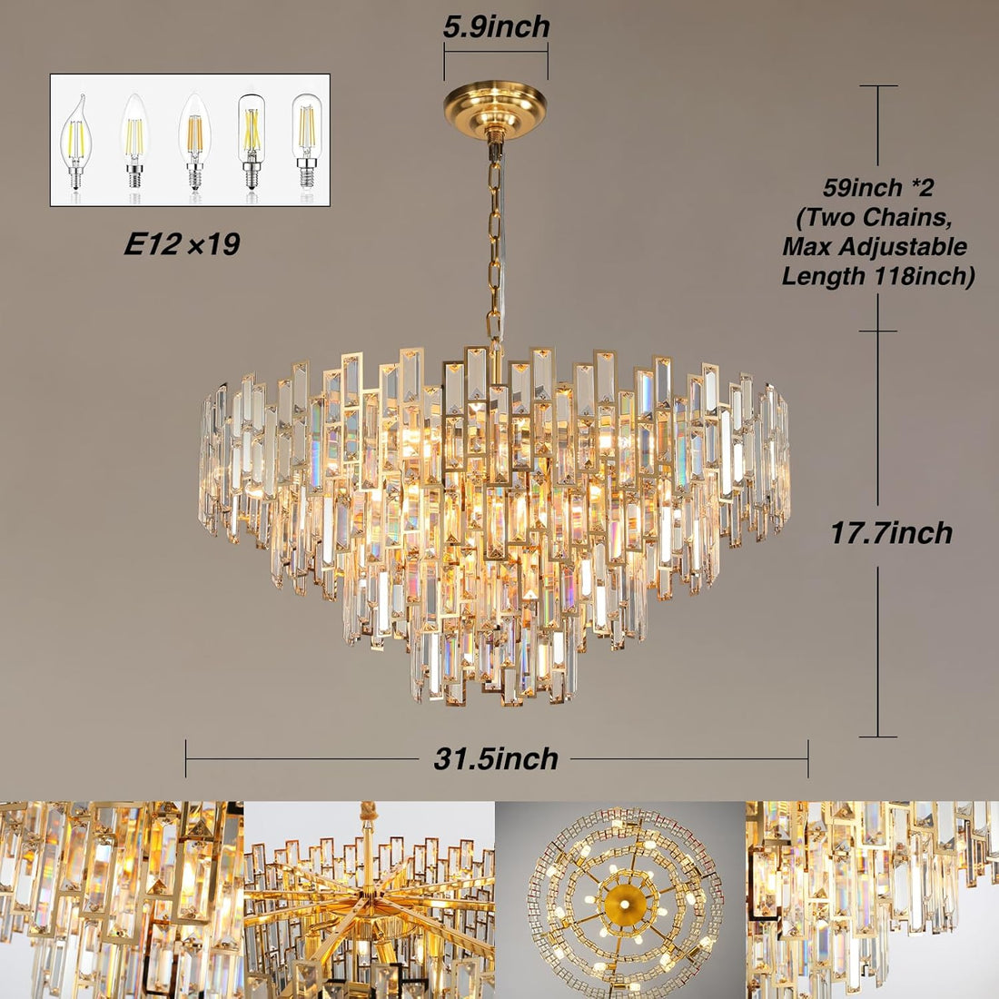 Opulent 31.5" Gold Crystal Chandelier: 4-Tier Modern Round K9 Pendant Light