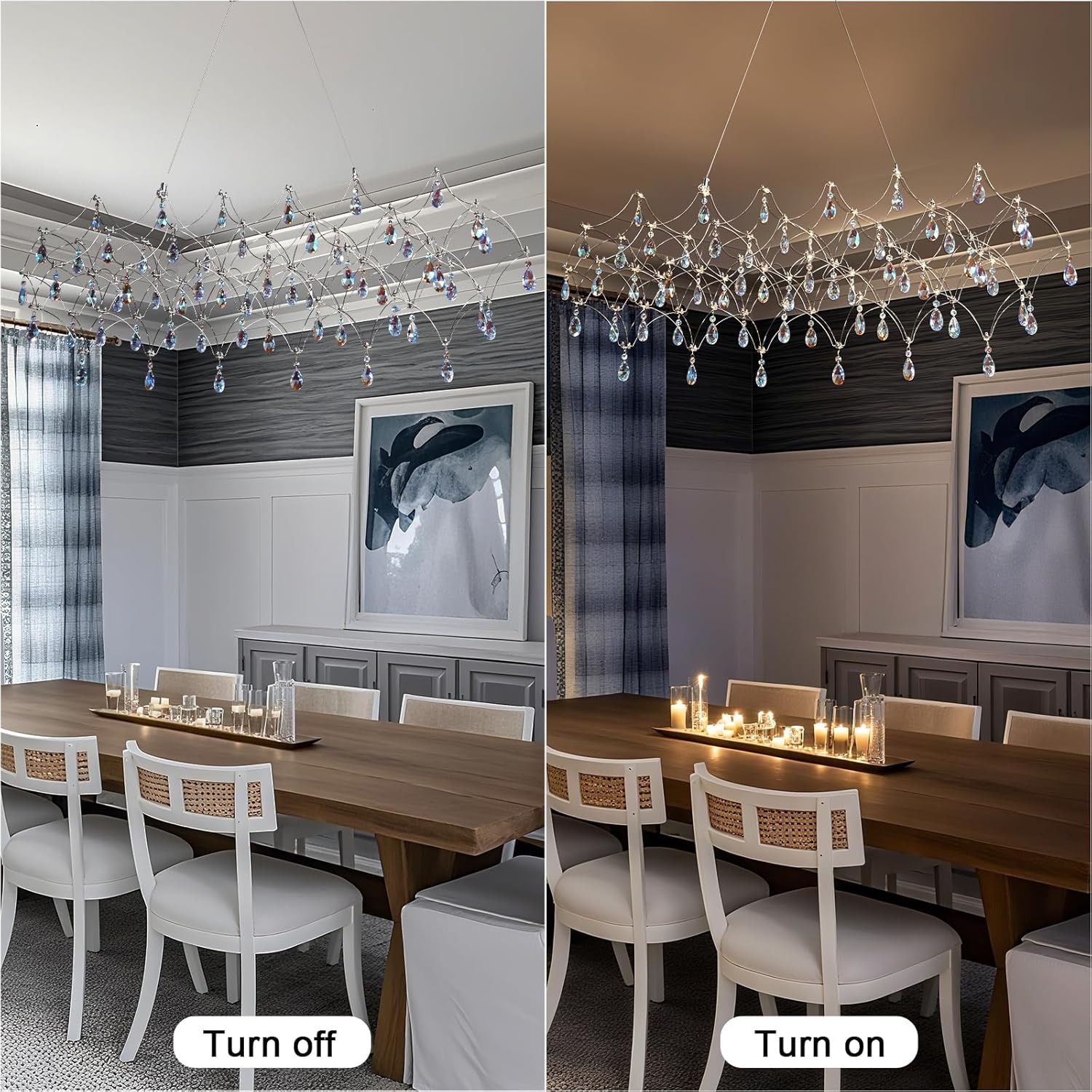 Large Silver Rectangle Crystal Chandelier 49.2" Modern Luxury Raindrop Light