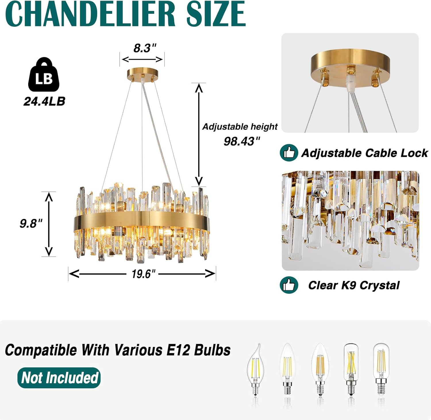 Luxury Gold 12-Light Round K9 Crystal Chandelier for Living Spaces