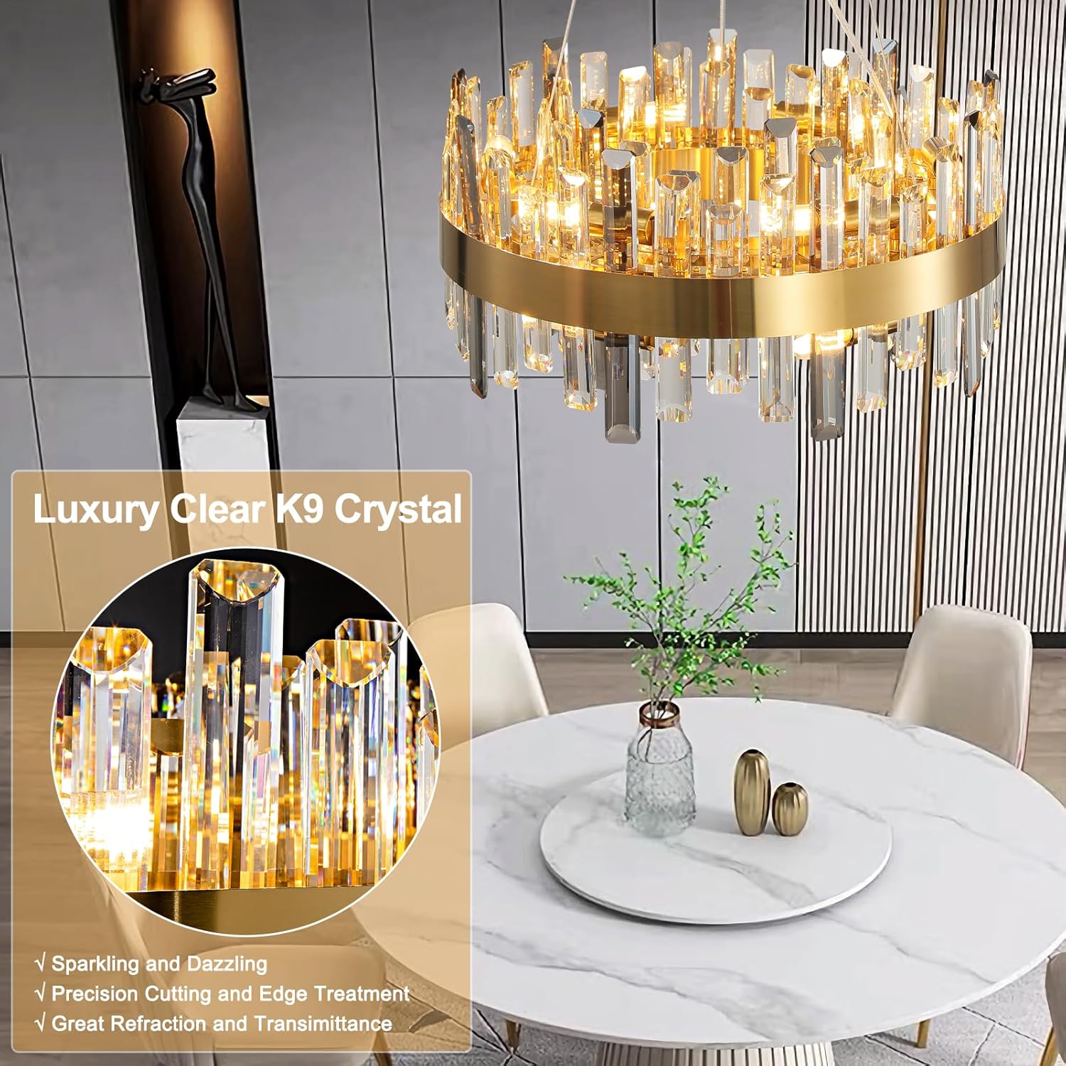 Luxury Gold 12-Light Round K9 Crystal Chandelier for Living Spaces
