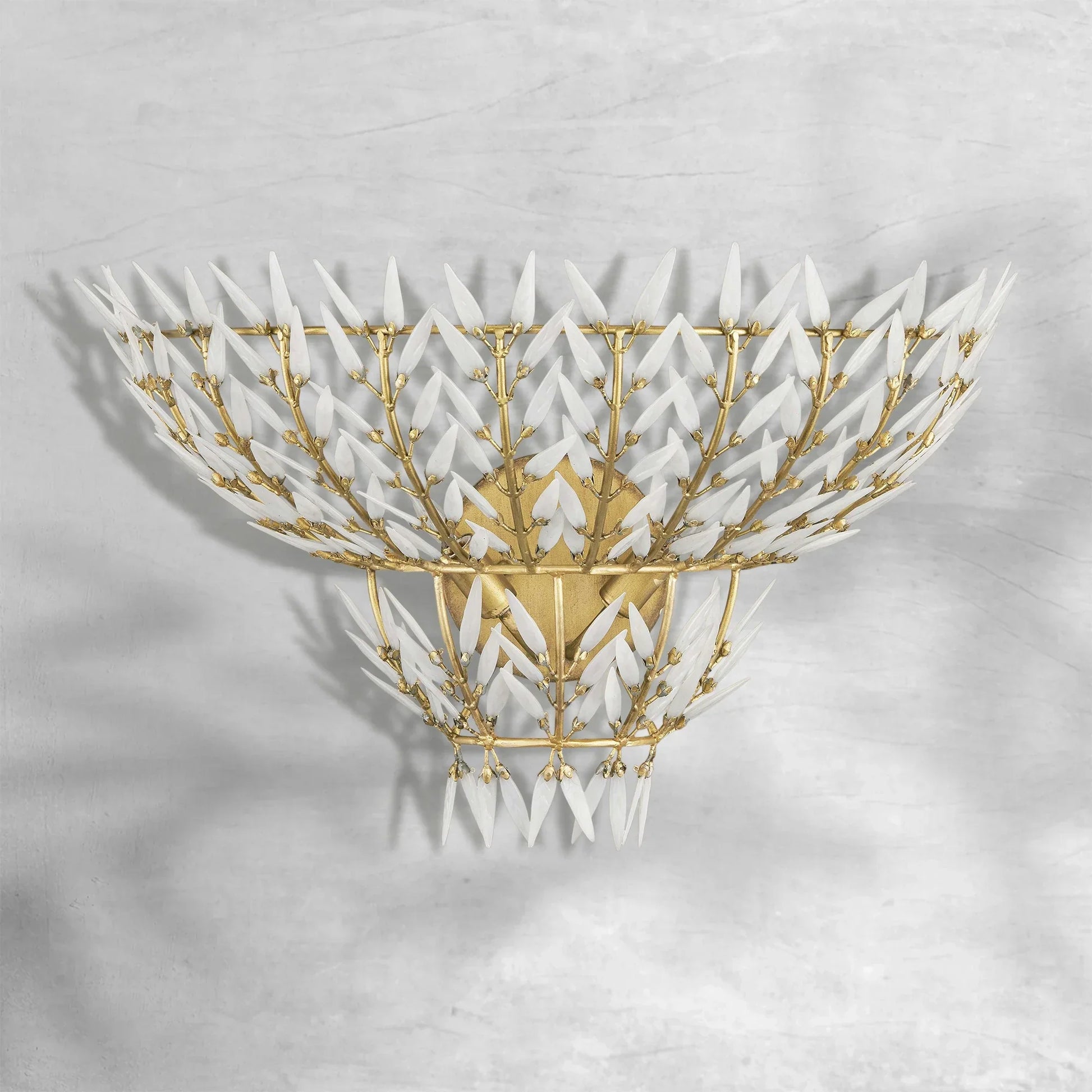 Morrigan Brass Arc Wall Sconce with White Glass Leaves-Fanci Lamps