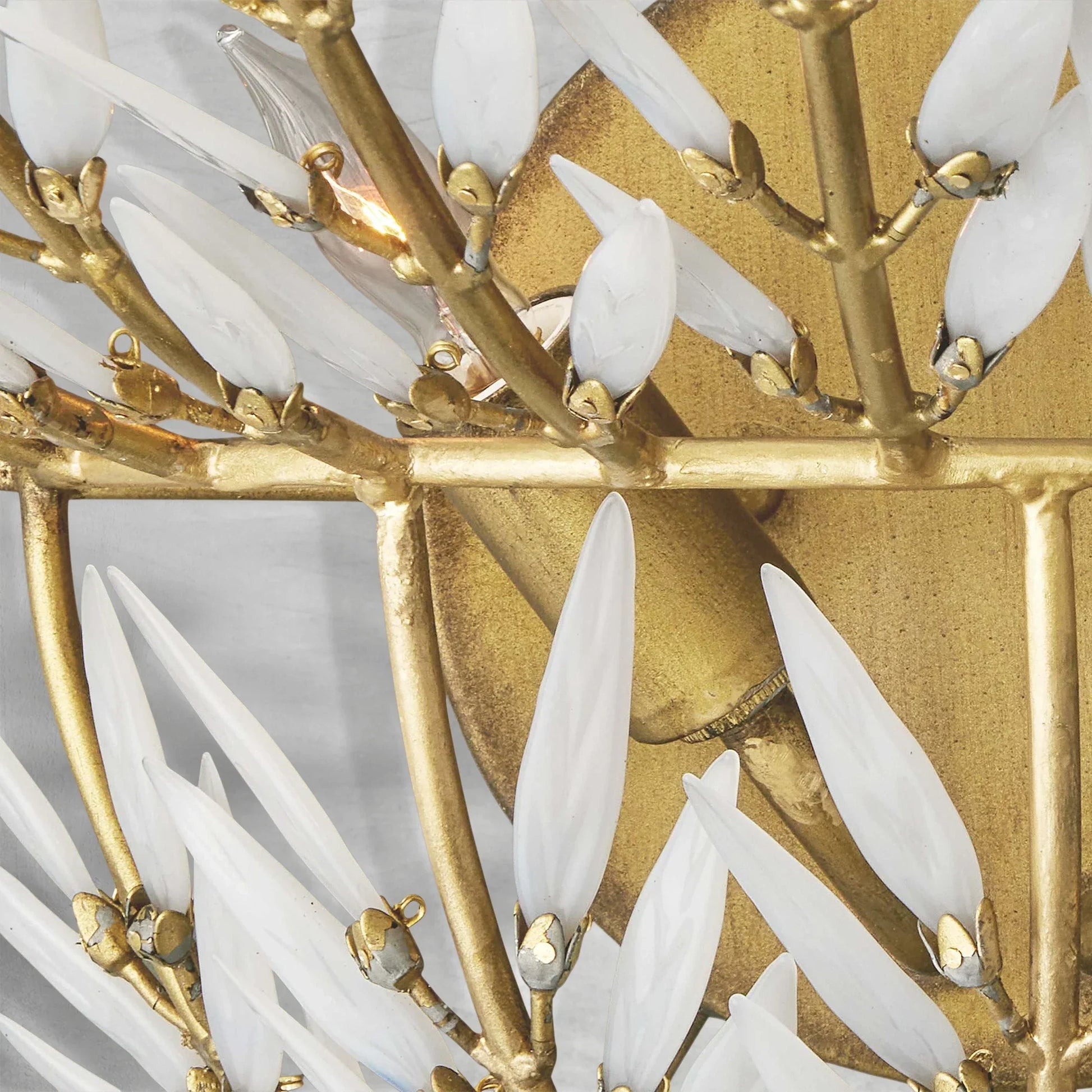 Morrigan Brass Arc Wall Sconce with White Glass Leaves-Fanci Lamps