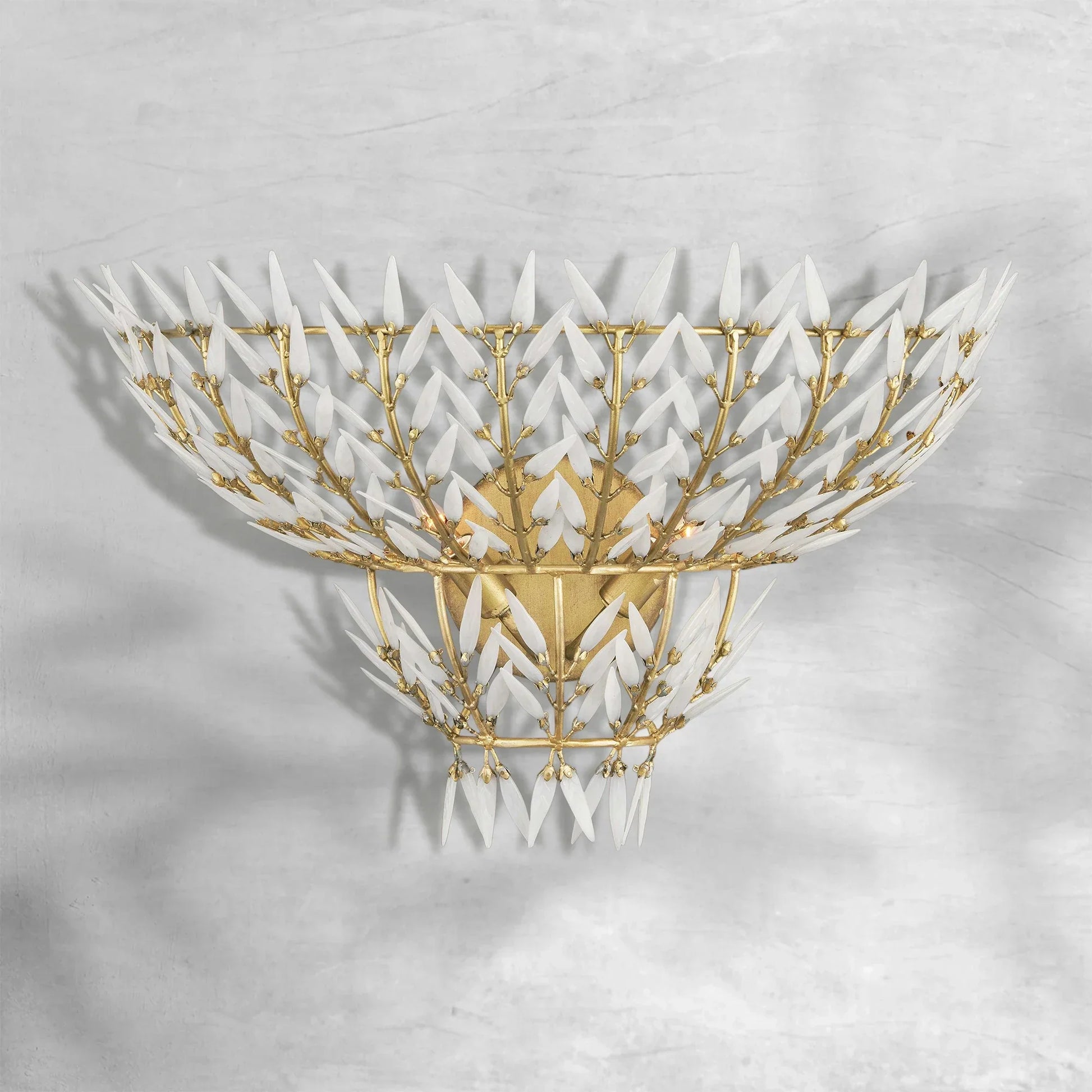 Morrigan Brass Arc Wall Sconce with White Glass Leaves-Fanci Lamps