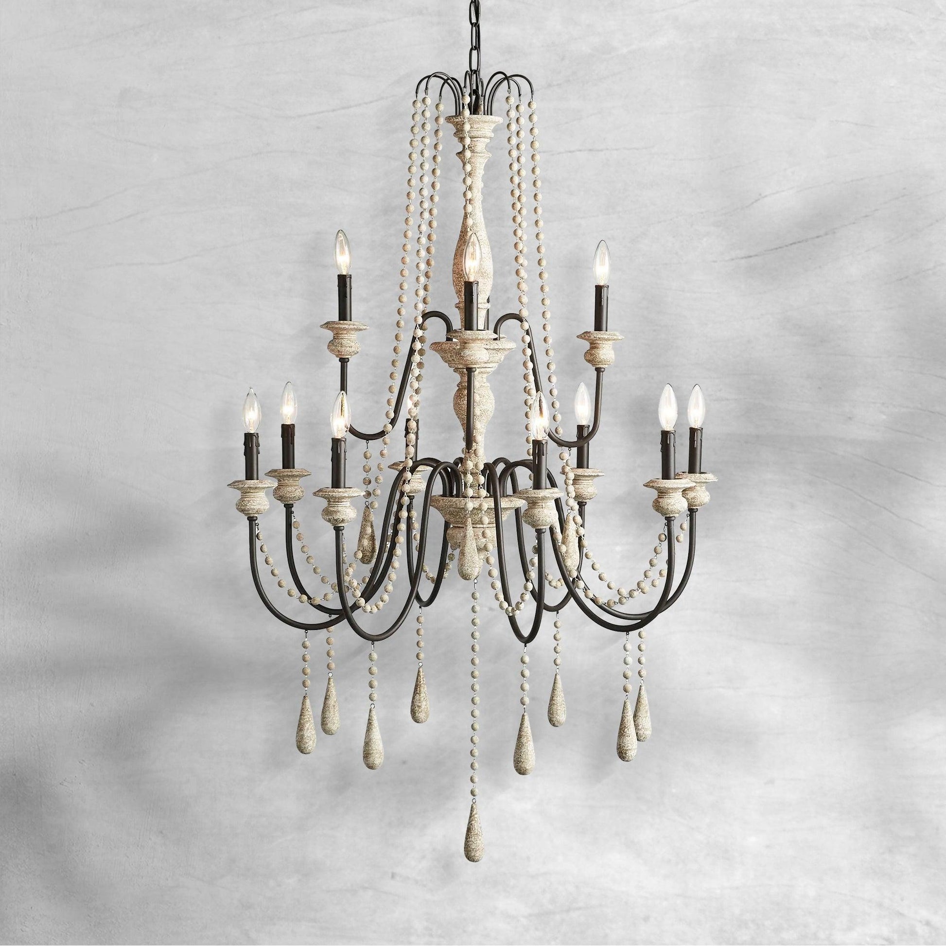 Vivienne Rustic Iron Hand-Painted Wood Bead Chandelier Elegant Lighting-Fanci Lamps