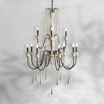 Vivienne Rustic Iron Hand-Painted Wood Bead Chandelier Elegant Lighting-Fanci Lamps